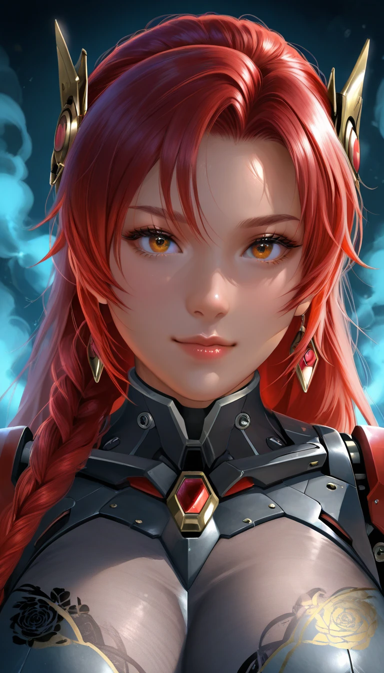 digital painting by Cyarin, action shot, beautiful woman with brown hair with orange highlights, bombshell hair, elaborate costume design, , in a laboratory, korean, , anime movie promotional still