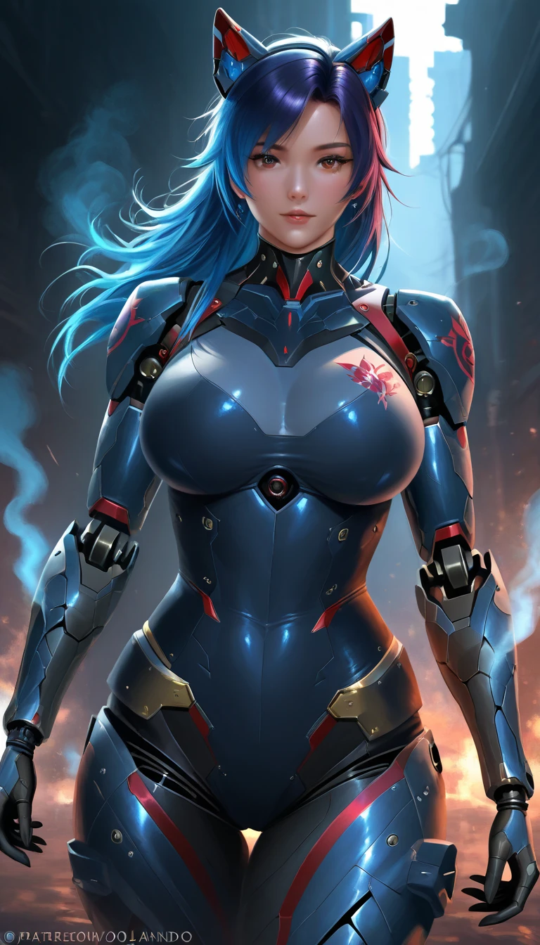 ((((Massive, beautiful, buff, muscular pale white skinned female samurai with cyan hair, black lipstick, ginormous bulky muscles, holding a cyan fire sword and wearing an all cyan cyber samurai armor with pants)))), {close view}, black eyeliner, massive muscles, large breast, massive biceps, hyper muscle triceps, (long beachy hair), purple eyes, samurai boots, In a futuristic city, sleeveless, steel samurai armor, nighttime, closed smile, hyper muscles arms, hyper muscle legs, ginormous arms