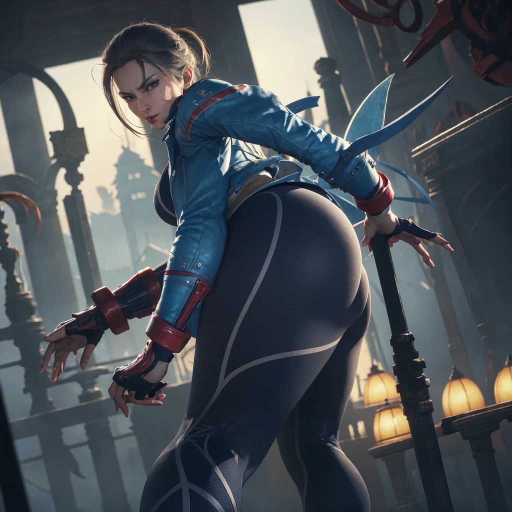 from below,cowboy shot,dutch angle,{{masterpiece}}, {{{best quality}}},{{ultra-detailed}}, {{illustration}}(Beautiful and fine eyes)、female martial artist, Elegant Fighting Pose,fingerless gloves,pelvic curtain,Black pantyhosens,martial arts belt,short boots,Lace-patterned arm cover,sweating ,{{Inside the Dojo:1.4}}