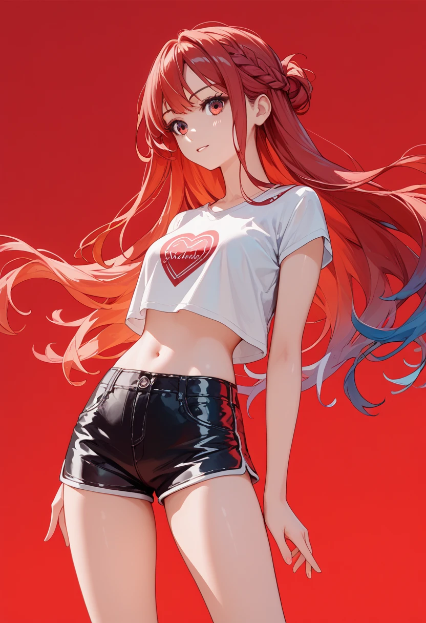 Masterpiece,best quality,insanely detailed,1 shota ,(otokonoko,7yo:1.3),smile,(red wavy messy hair,long hair:1.3),yellow cat eyes ,cat ears,white t-shirt,suspenders,black hot pants,baring navel,stomach,(abs:0.8),one hand paw pose,living room,(spoken heart:1.2),hyper realistic, perfect anatomy, perfect 5 fingers,amazing,super fine illustration,Otoko no ko, Male focus, NSFW, 1boy, Small penis, Erection, Lipstick, Makeup, Delicate, Cosplay