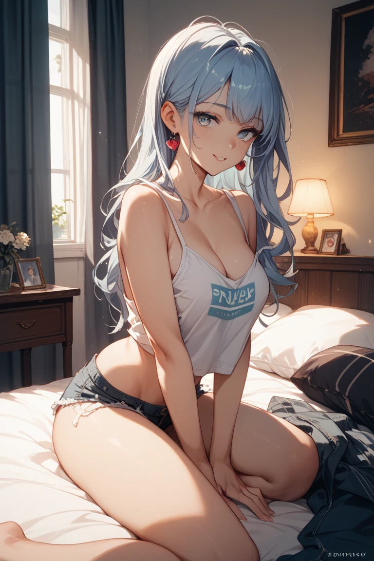 Better fingers, (dim light:1.2), (bedroom), (1girl), , , , white bra, (white panties:1.2), blush, open mouth, (show tongue), selfie, view from below, (low angle), bright sunlight, vibrant colors, best shadows, watercolor,messyroom, shirt, short skirt, panties showing, AI can choose what face and what hair to use and what skin color ,Random white Caucasian female face, random white Caucasian female hair color, Realistic photo quality, (masterpiece, best quality), (colorful:1.4), ,