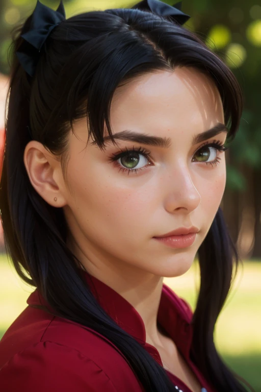 better quality, soft light, ultra high resolution, (photorealistic), detailed and beautiful,, Masterpiece, better quality, , (best illustration), (best shade), Realistic lighting, brillo detailed and beautiful, Rin Tohsaka, black hair, falda negra, red shirt, two pigtails tied to red hair,
( wide perspective)