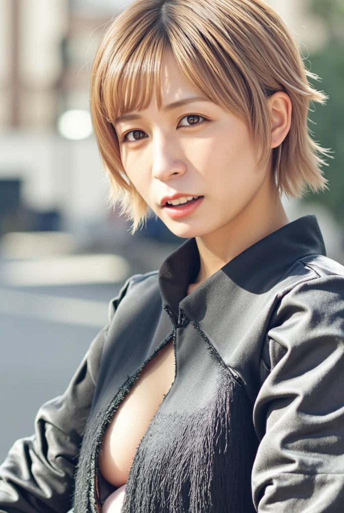 best quality, ultra high res, (photo realistic:1.4), (Japanese famous actress:1.2), very beautiful, kawaii, professional photograph, (gyaru:1.3), shortcut hair, blond hair, beautiful girl, flat chest, small face, (dark taned skin:1.3), (gyaru makeup:1.2), realistic body, fair skin, shiny skin, looking at viewer, dynamic lighting, cinematic angle, (riding a motorbike:1.3), stadium jacket,