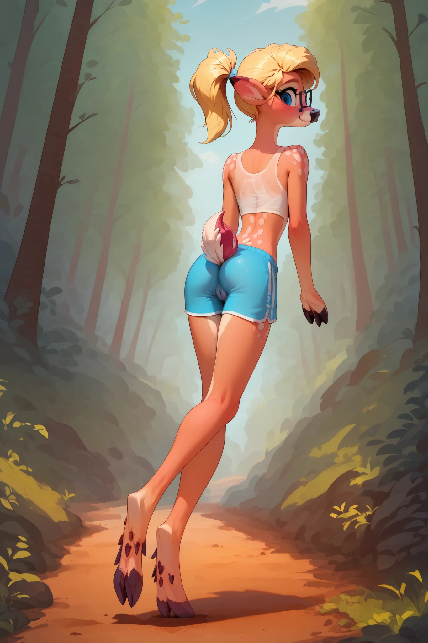 score_9, score_8_up, score_7_up, from behind, looking back at viewer, smile, (face focus, eye focus), solo,
freckles, young female, , skinny, detailed skin, sweaty, sheer see-through tight slutty cropped tanktop, (perfect), microwaist, small ass, tight shorts, skimpy blue stripe running shorts, shorts pull, teasing, tease, sexy, blonde hair, ponytail, big pretty blue eyes, innocent eyes, sexy, long lean legs, showing pussy, cameltoe(puffy pussy), ultra detailed pussy, open pussy, cute ass, deer hooves feet, art by loimu, 9yo(tween)),
Resting, hiking, playful, forest path, dirt path, sunny day hike,
concept art, cell shading, masterpiece,
detailed face, beautiful, provocative, happy
(anthro deer:1.5), deer tail, hooves, hooved feet, glasses