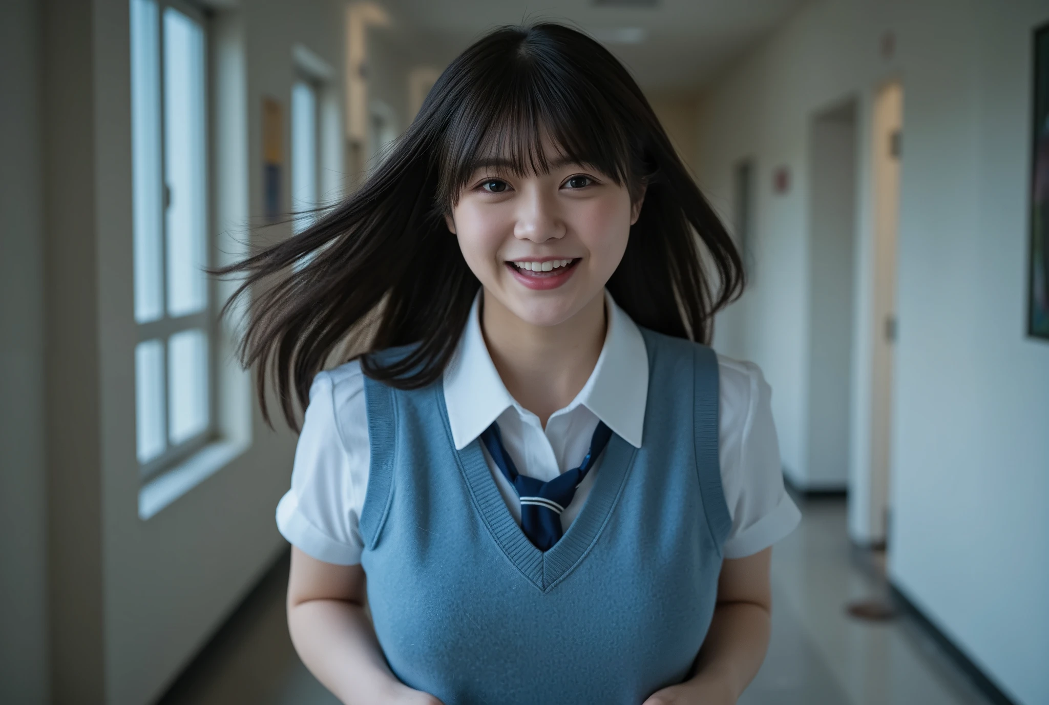 (mature adult woman wears a1By people),beautiful black hair,super straight hair,With bangs,((Fluttering Hair)), realistic person images in dark waters,Realism,Best Quality,mastepeice,top quality,best image quality,highest resolution,fine details,Beautiful detailed face,black eyes,((realistic skin)),(((Woman running in the school hallway))),detailed background,(Wear an accurate z upper body),(perfect upper body),(((upper body))),((Realismのある肌)),((((running with a happy laugh)))),(((super big ))),(((Wear the school's designated uniform))),(((school-designated student uniform))),(((woman running in the school hallway))),((( dynamic images))),