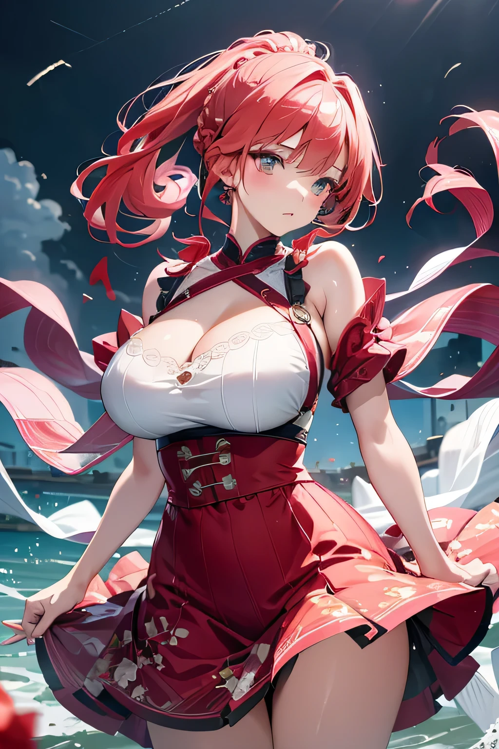 (Vulgar),Japanese beautiful girl、Red Twintails、Cute Breasts,Sweaty skin,Orgasm juices,Vulgar disco club、 Cute dance、kimono、Cleavage、Belly button、Shoulders out、mini skirt、Fishnet tights、Thick thighs、Panty shot、looking at the camera