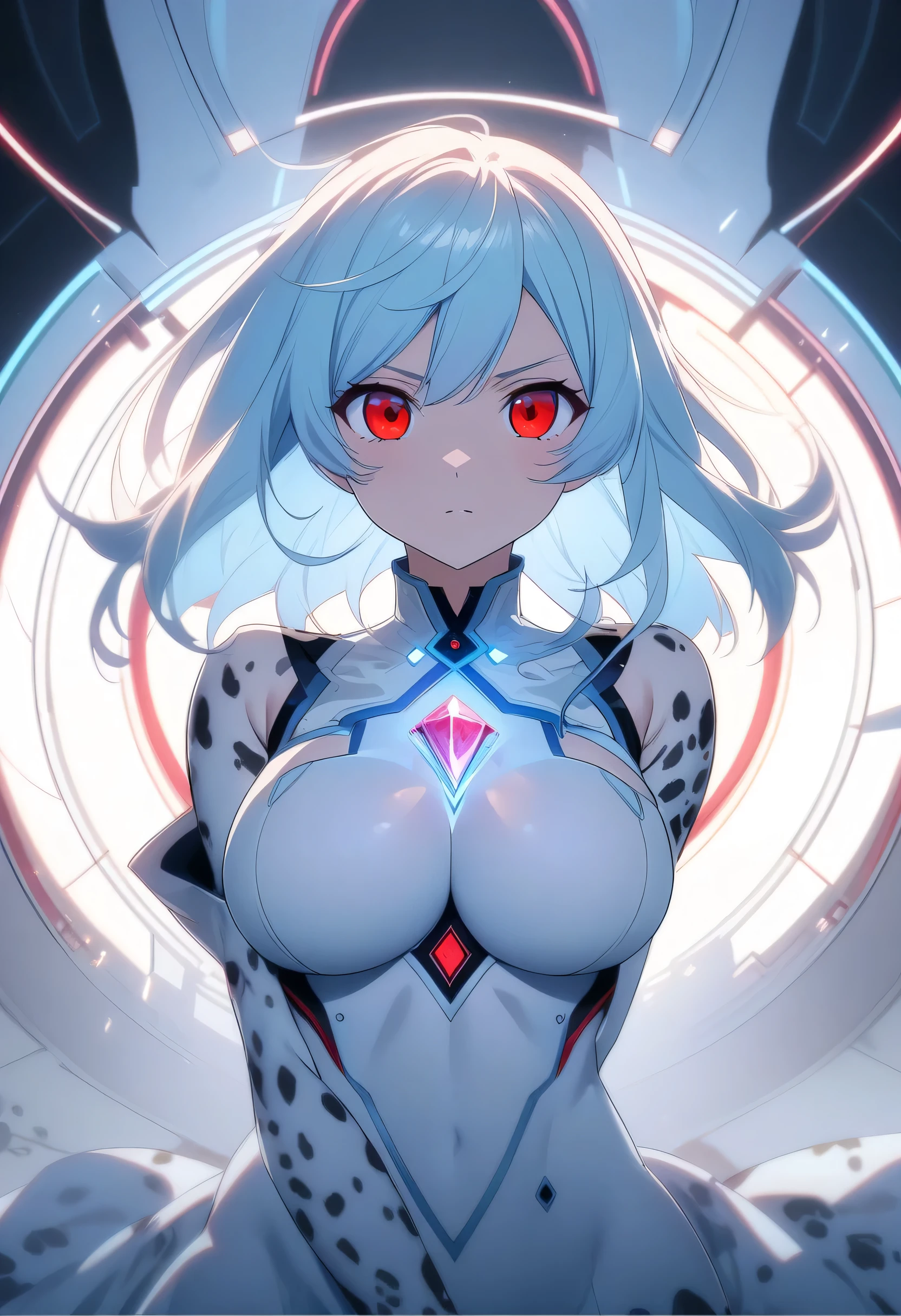 Nu-13, red eyes, white hair, braid, ahoge, eyepatch, unitard, (skin tight), single braid, ahoge, large breasts, bare shoulders, detached sleeves, bridal gauntlets, 1girl, solo, upper body, smile, add_detail:1.5