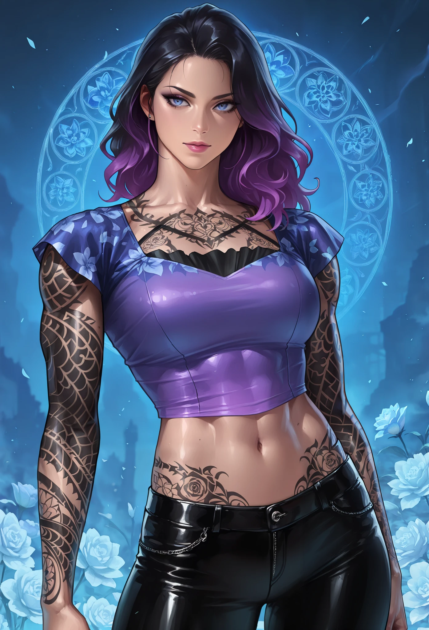 masterpiece, best quality, amazing quality, newest, very aesthetic, 1girl,Tier Halibel \(bleatch\),Tier Halibel from bleatch portrayed wearing a violet short shirt and black leather pants, adorned with vibrant, intricate tattoos of floral patterns. This stunning portrait captures Halibel's strong, mysterious demeanor, with her muscular physique and striking inked designs. The image, whether a hyper-realistic painting or photograph, exudes a sense of power and grace. Each detail, from the vivid colors to the meticulous line work, adds to the overall beauty and complexity of the scene. It is a masterful representation of a fierce and enigmatic character.