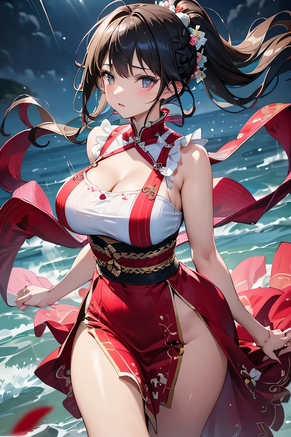 Type: Digital Art Style: Anime Style Color: Predominantly red with black and white contrasts, Eye color: Bright crimson red, with luminous reflections. Hair color Black with red highlights, Hairstyle: Long with twintails, adorned with traditional red and gold hair ornamentischievous and playful smile with a touch of mischief))), muscular and sadistic legs, (((scene of beach))), Standing, (full body photo), well-groomed nails, red nails, {{{wearing a very short and sexy bikini}}}, hdr