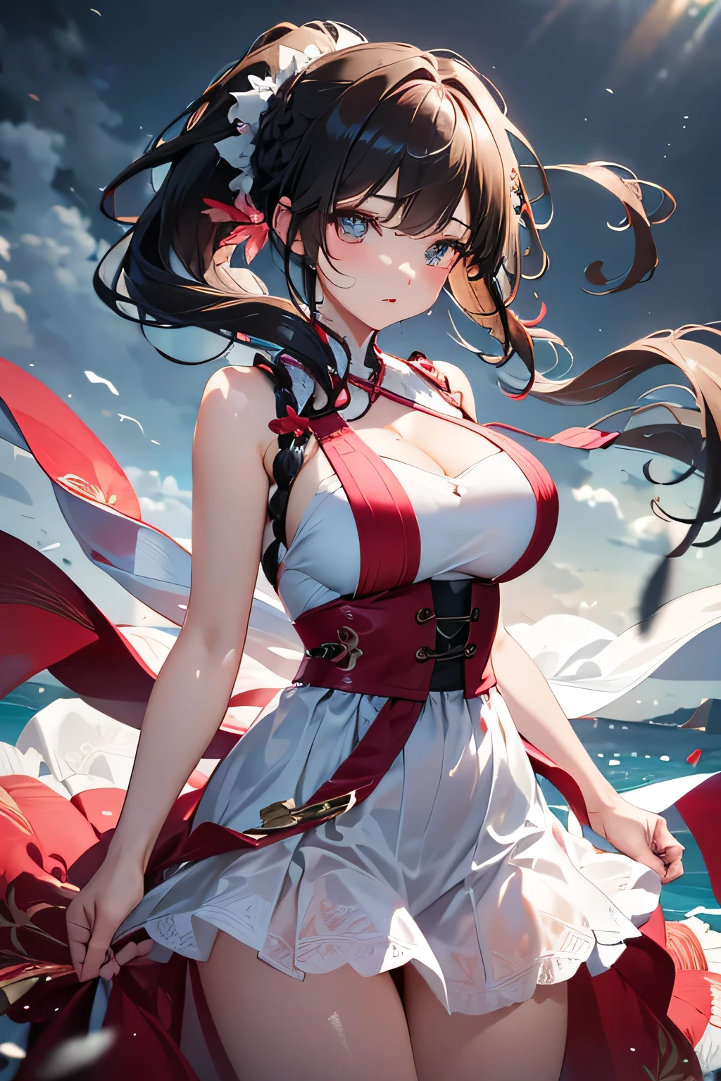 (from below:1.2),(from side:0.9), (Close-Up:0.6), highest quality、(real、photorealistic:1.4)、(RAW photo:1.2)(Curve,Model,glamor:1.5),Beautiful breasts,colour_aberration,beautiful detailed shadow,Beautiful eyes,Beautiful body,Beautiful skin,beautifull hands,(medium_breasts:1.5),1 girl in, (perky chest:1.2), (pointed chest:1.2), dark bronde hair,long hair,side ponytail,hair between eyes,bangs,Purplish brown eyes that dreamers desire, (Blonde hair) , small stature, Colossal tits, Lori, (masutepiece:1.2, Best Quality), (finely detailed beautiful eye: 1.2), (beautifull detailed face), (Best Illumination, extremely delicate and beautiful), ((Cinematic Light)), Dramatic light,Ultra Contrast、Braid a little around the ears, clavicle, red long dress、only has 5 fingers,Her pussy is visible through the see-through white thong、Wet pants、You can see inside your underwear、full of sweat、mocking look、diaper、nffsw,Arms crossed、grab the arm、Shoot from below、The angle is as seen from below.、Best Quality、Large breasts、muscular pussy:1.2、Pubic hair,high-level image quality、hightquality、8K,perfect hand、5 fingers、finger pin、Perfect Finger、see-through T back、Naked、noise cut、bullet hand、Her hair color should have been a brighter brown,The skirt part is also carefully expressed,brown skirt、the skirt is floating in the wind:1.3、see-through purple panties、Pubic hair majority,(with sparkling eyes and a contagious smile),her thin pubic hair:1.2, looking at viewer