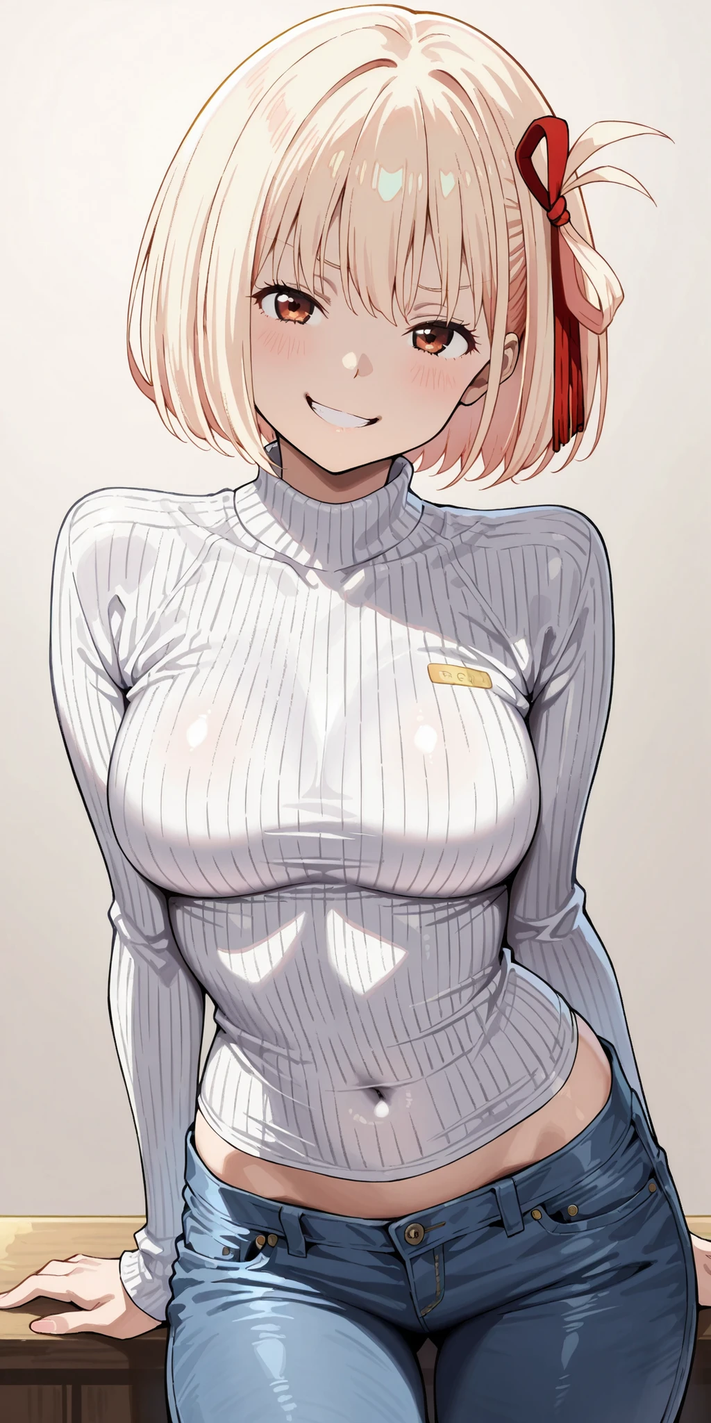 high resolution picture, masterpiece, best quality, amaging quality、 realistic、
BREAK,Nishikigi Chisato,blond bob hair,red ribbon、skin-tight sweater、medium breast、 jeans mini hot pants、thighs、shoulder body、slim body、solo、seductive grin smug