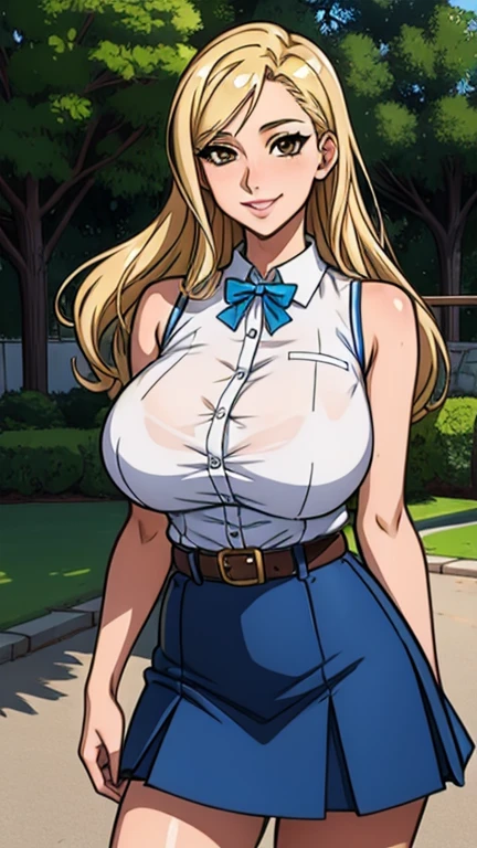 masterpiece, best quality, looking at viewer, upper body, portrait, looking at viewer, seductive smile, put your hands behind your head, armpits, armpits visible, sweaty armpits, Jean, very large breasts, blonde hair, blue eyes, ponytail