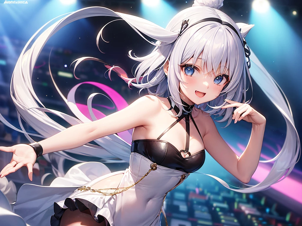 absurderes、ultra-detailliert、masterpiece、top-quality、BREAK、Official art、(Beautifully Aesthetic:1.2)、(watercolor paiting:Curly)、BREAK、Devilish Pretty Girl 1.2、a beauty girl、(kawaii:⒈3)、sixteen years old、BREAK、((split-colored hair:1.4、Random hair color:1.4))、striated hair、((Random hairstyle))Splash、(Hair mixed in random colors:1.2)、(フラクタルアート1.3)、BREAK、Cat's ears、A sexy、(Cat gloves、Fluffy hands)、BREAK、Like a cat's paw、Short socks、humanoide、BREAK、((Idol Costumes、Love Live Costume))BREAK、((heterochromia iridis、BREAK、Variegated eyes))、BREAK、Since a while ago:1.2、Look at viewers、BREAK、((AI Concert:1.4))、BREAK、livestream、BREAK、Lighting with neon glow、Shyness、red blush、Happy smiling face、BREAK、Professional stage、BREAK、profetional lighting、BREAK、Stick your butt out and sing、BREAK、Sing while holding the microphone in your left hand、Cute panties、Cute embroidery white:1.Ugly string panties:1.2 Skirt Lift Up