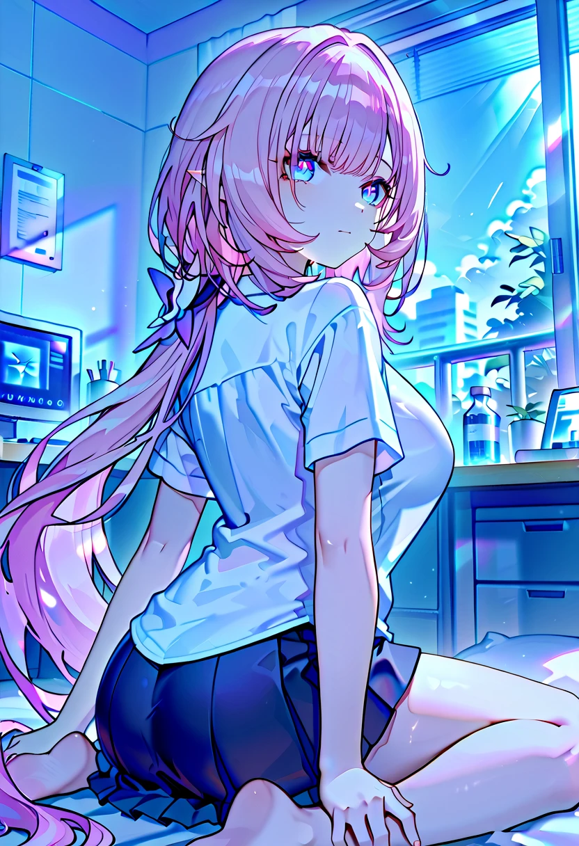 ultra-detailed,(best quality),((masterpiece)),(highres),original,extremely, 1girl, solo, elysia,honkai impact, high school student, slender body, younger lady, beautiful eyes, expressionless, pink hair, large breasts, Perfectly balanced breasts,sexy, glamour girl, erotic, white shirt only, wariza, Laboratory and operating room, hospital, five fingers,look back, from behind,