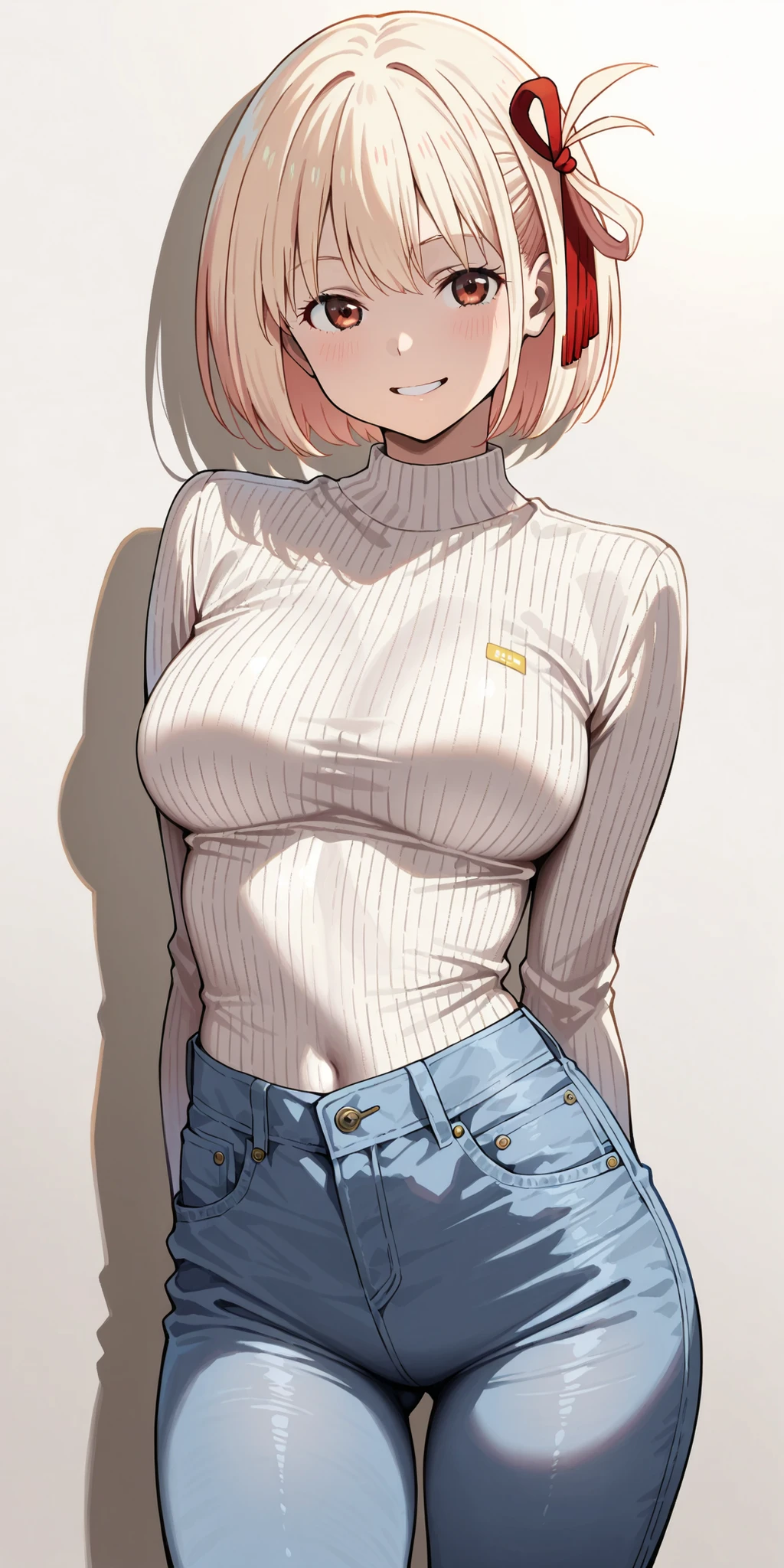 high resolution picture, masterpiece, best quality, amaging quality、 realistic、
BREAK,Nishikigi Chisato,blond bob hair,red ribbon、skin-tight sweater、medium breast、 jeans mini hot pants、thighs、shoulder body、slim body、solo、seductive smile