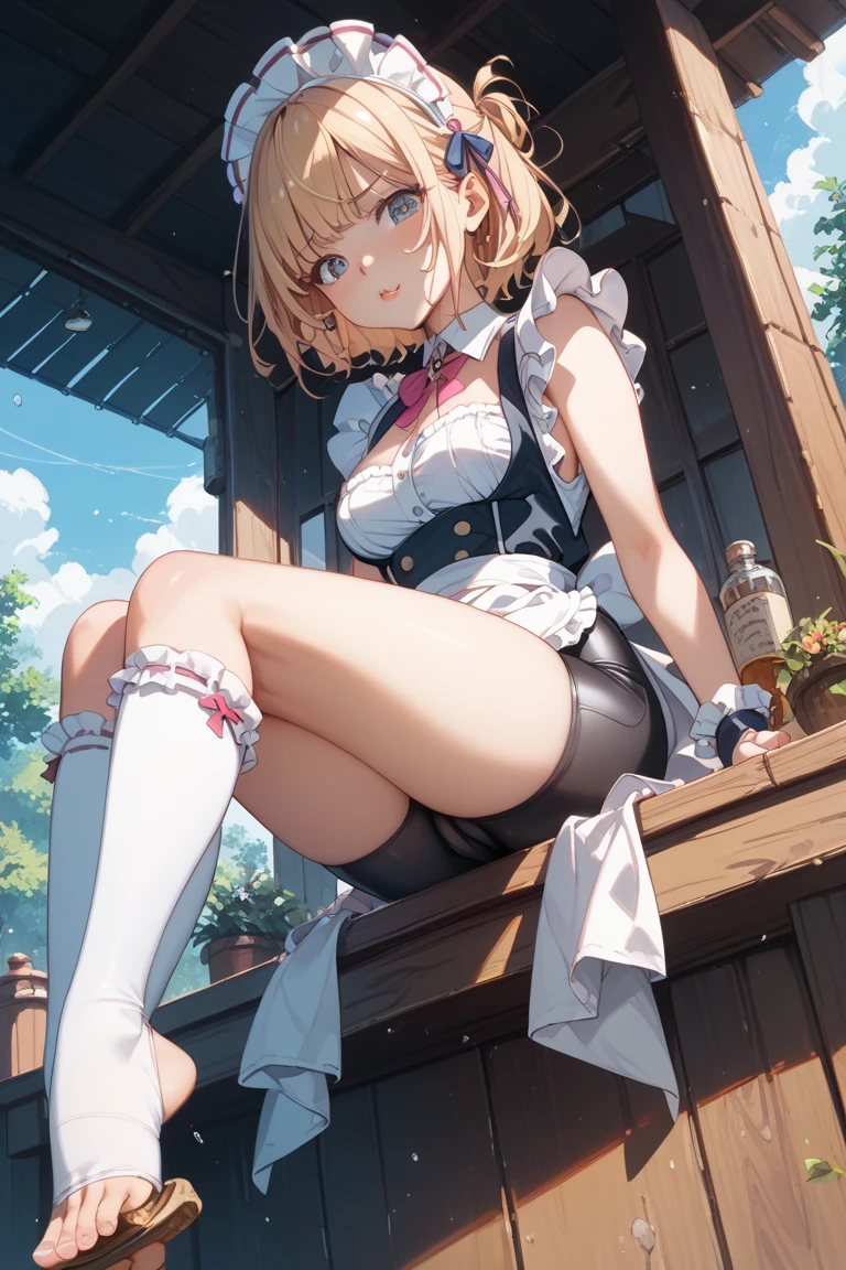 A anime girl who have a pony tail and she wears a butterfly dress and she holds a cup and her skin colour is tan