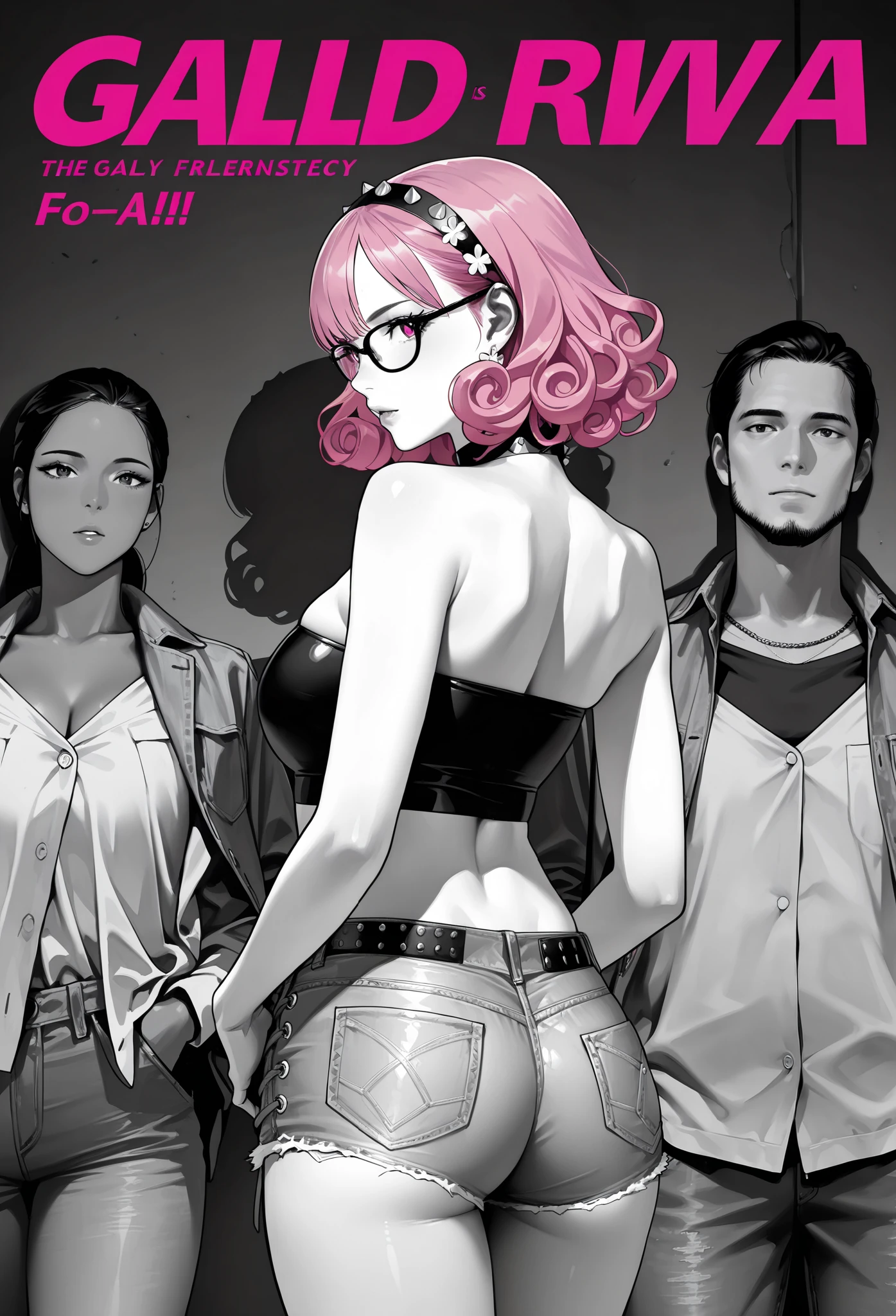 masterpiece, best quality, amazing quality, newest, very aesthetic, 1girl,Image is a vibrant, stylized manga cover featuring a female character with exaggerated features. She has tan skin and voluminous, curly pink hair adorned with accessories. Her outfit includes a colorful, strapless top and tight denim shorts with intricate stitching and embellishments. The character is posed with her back to the viewer, looking over her shoulder. The background includes a grayscale image of an older man with glasses. The title 'GAL DIVA!!' is prominently displayed at the top in bold, pink letters. Additional text in Japanese is scattered across the cover, with varying font sizes and colors, including white and pink. The overall layout is dynamic, with a focus on the central character's confident pose.