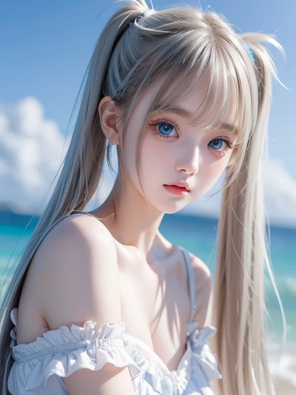 detailed face, cute face, master piece , best quality , detailed , dresses , standing , hands up , armpit , from front , beach, Shiny platinum blonde silk super long straight hair, beautiful shiny bangs, big clear sky blue eyes, very beautiful bright eye highlights