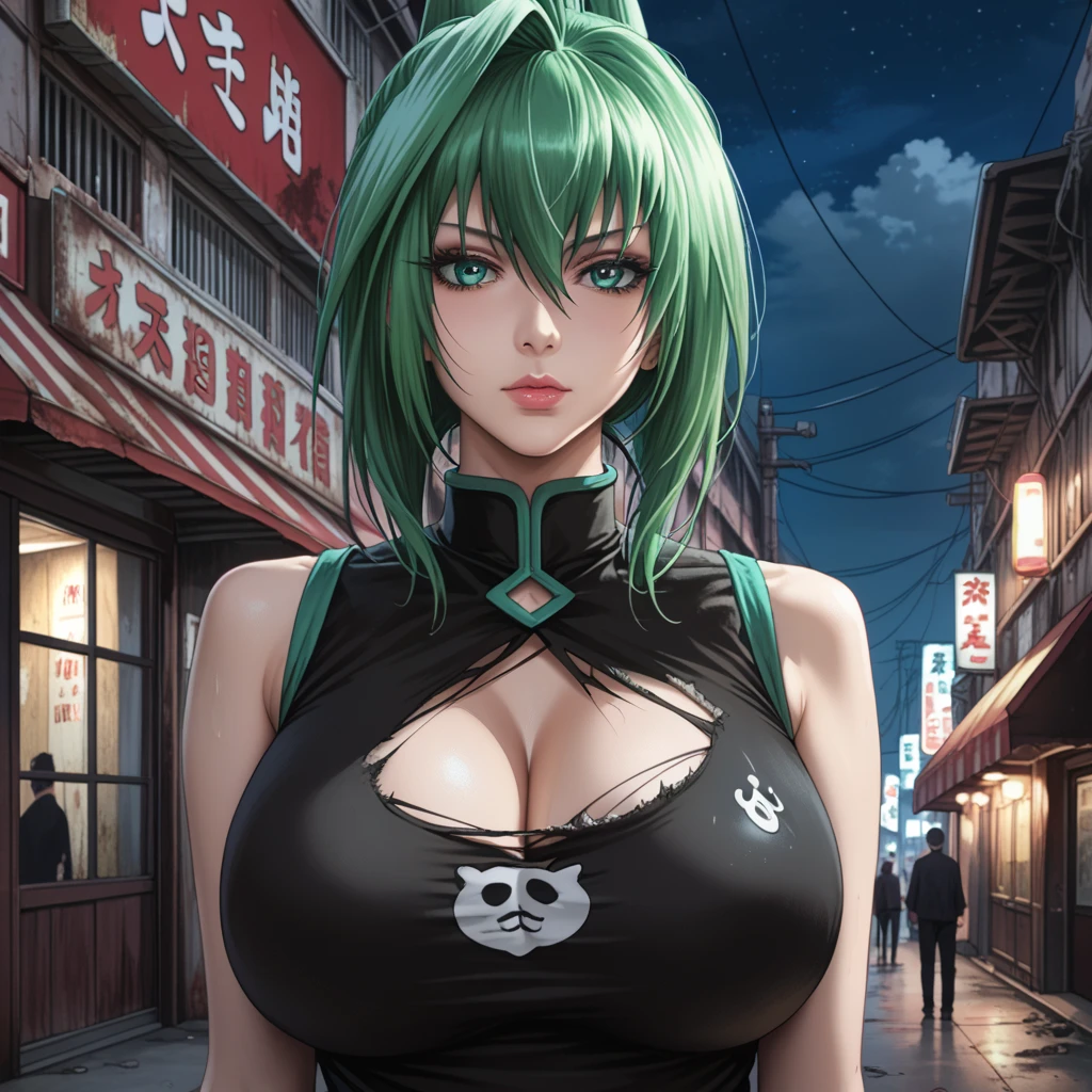 (best quality,4k,8k,highres,masterpiece:1.2),ultra-detailed,(realistic,photorealistic,photo-realistic:1.37),Tsuanade,green robe,old city,night time,moon,neon lights,tits,emerald green robe,aged cityscape,festival of lights,painted with meticulous details,traditional Japanese attire,shimmering moonlight,glowing neon signs,exquisite embroidery on the robe,towering ancient architecture,rustic charm of the city at night,bustling streets adorned with lanterns,serene ambiance,breathing life into the scene,subtle illumination of the moon,prominent city landmarks in the background,contrast between the dark sky and the vibrant city,enchanted atmosphere,sublime beauty of Tsunade,charismatic presence,whispers of the past from the city walls,nighttime allure,emerald green hues blending seamlessly with the night,depiction of Tsunade's captivating gaze,sophisticated elegance through the portrayal,mystical charm of the moon casting its glow,playful colors from the neon lights,creating a surreal and magical setting,intricate patterns on the robe,an artful mix of tradition and modernity,illuminated display of the city's heritage,visual feast for the eyes.