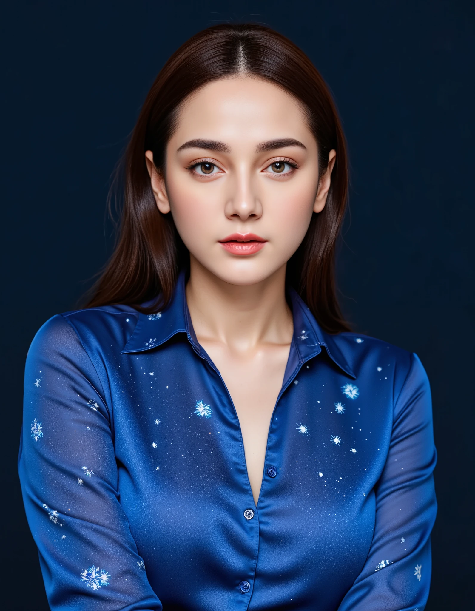 (8K, RAW Photos, Highest quality、masterpiece:1.2), (Realistic、Realistic:1.37), Very detailed, High resolution, Conceptual art, digital, a glowing neon-colored circle, The head of a woman wearing a blue draped blouse with her hair up is standing in the background of a dark blue night sky. Her blouse is decorated with dots of stars,which seem to be the reflection of stars, starry sky,universe and endless imagination space,realistic and abstract,dreamy and surrealistic,the use of colors is very unique. The dark blue background forms a harmonious unity with the female blue dress,but also highlights, creativity and exquisite painting,mysterious,romantic and surreal atmosphere, made out of ral-zmbyz