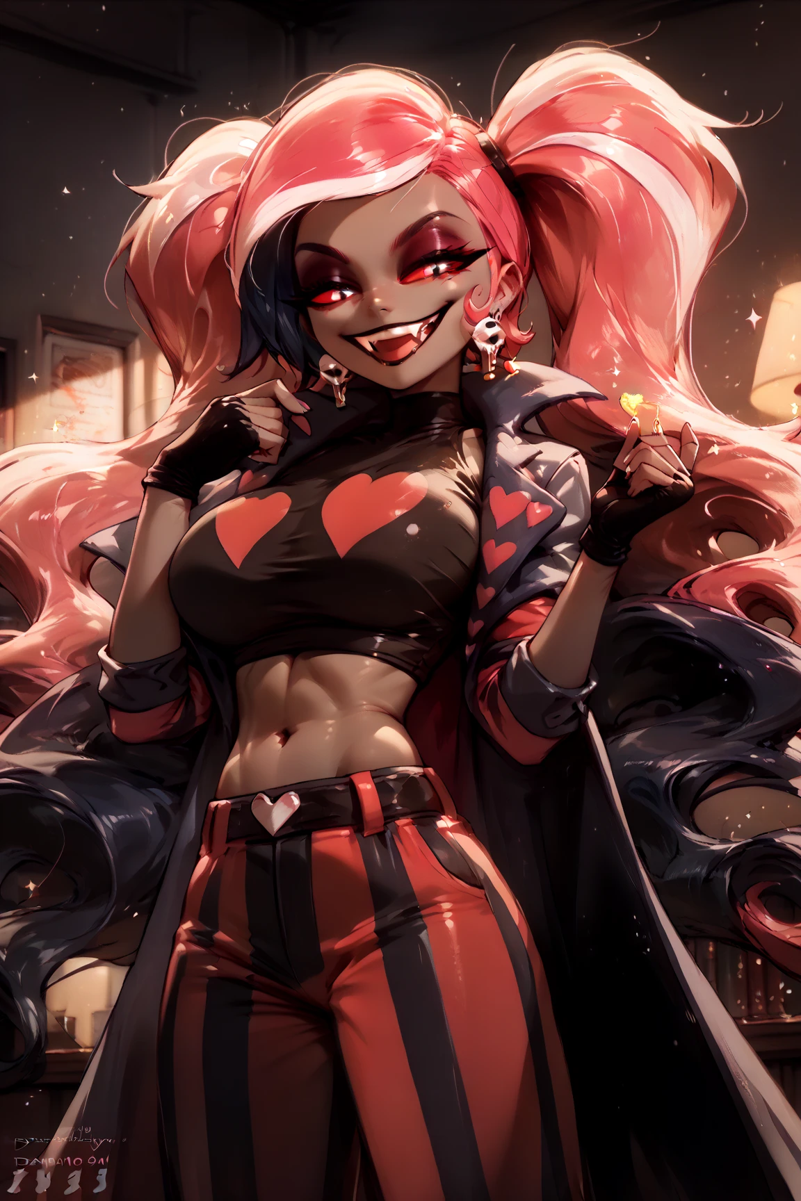 demencia, evil grin, looking at viewer, hands raised, yellow eyes, striped, cut out dress, sleeveless, dress, stomach, horns, thighhighs, fingerless gloves, jewelry, bracelet, spikes, wearing a dress, (((midriff exposed))), city background