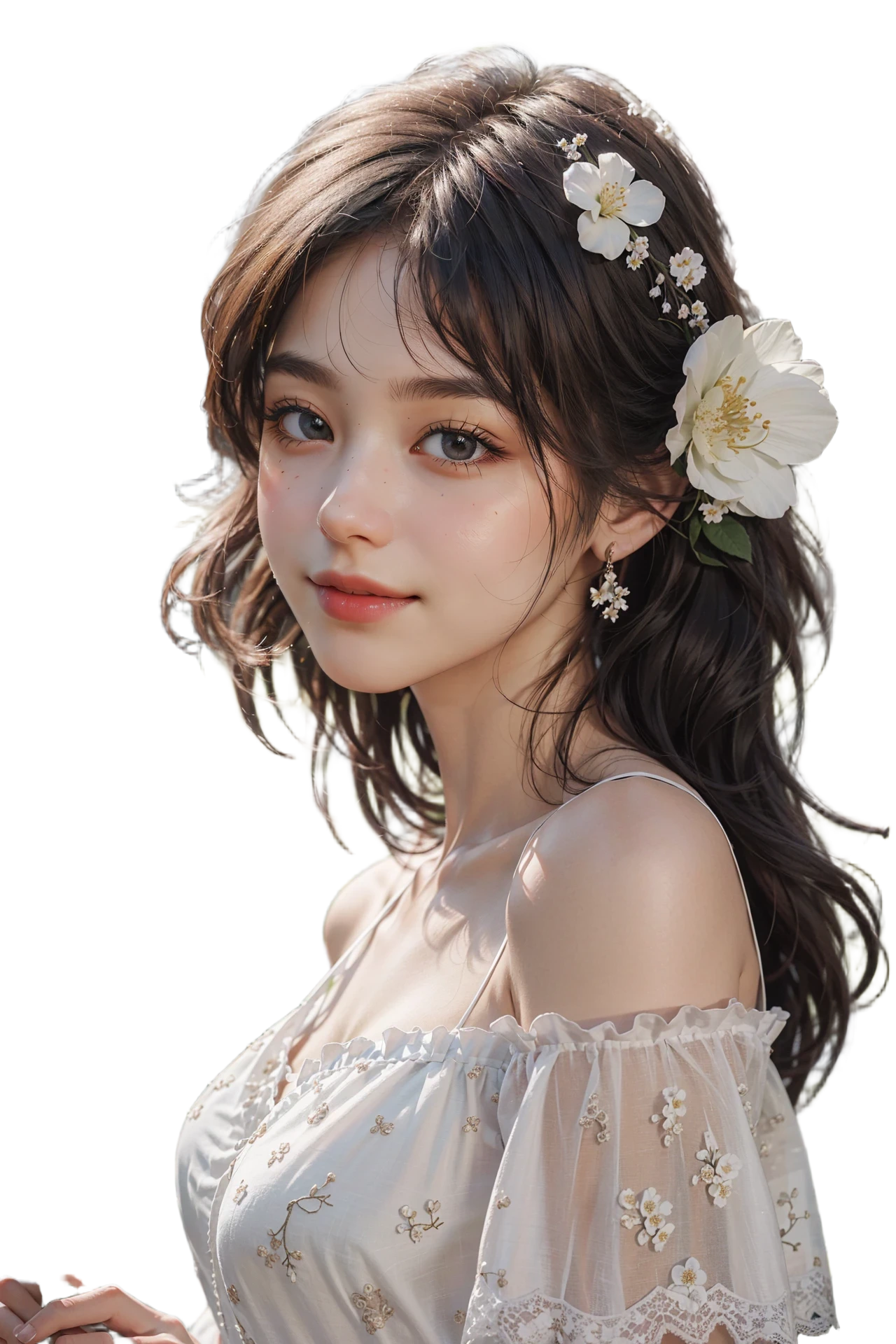 Best quality, masterpiece, ultra high res, (photorealistic:1.4), raw photo, 1girl, white dress, off shoulder, blossom flower field, glowing skin, light smile