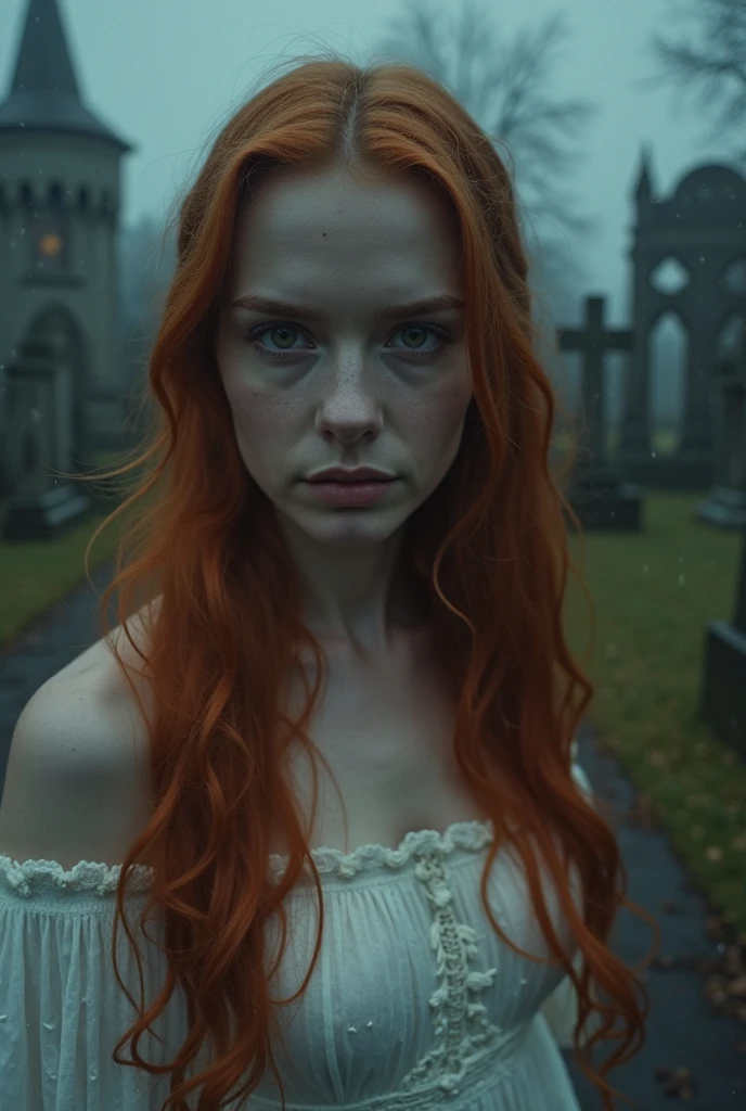 Cinematic footage from a Mario Bava horror film, Full medium close-up, An 18-year-old beauty who looks like Bella Thorne, long stream of red hair , Soft pale skin, Cute and youthful face, Distinct eyebrows, pale blue color eyes, Delicate nose, Plump and rounded lips, Strolling through a Gothic cemetery at night in a white wedding dress, Foggy and rainy weather, ghostly atmosphere, 17th century, (High skin detail: 1.2), Ultra Fine, フォトリアリスティック , Depth of field , lighting, IMAX cameras, HDR, Digital tunneling microscope, Full-HD, 8 thousand