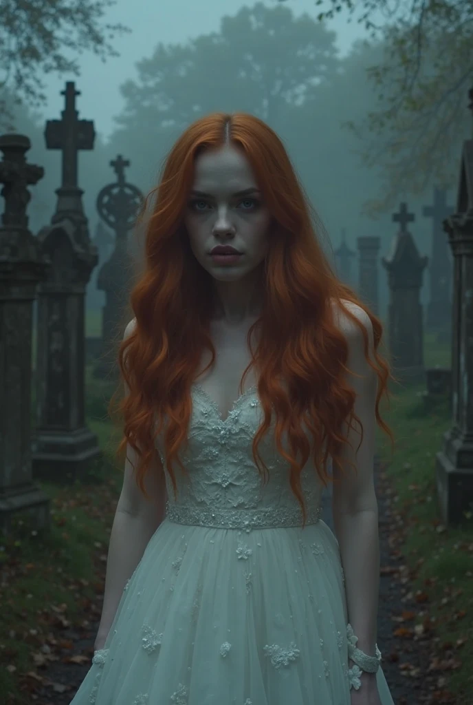 Cinematic footage from a Mario Bava horror film, Full medium close-up, An 18-year-old beauty who looks like Bella Thorne,  long stream of red hair , Soft pale skin, Cute and youthful face, Distinct eyebrows, pale blue color eyes, Delicate nose, Plump and rounded lips, Strolling through a Gothic cemetery at night in a white wedding dress, Foggy and rainy weather, ghostly atmosphere, 17th century, (High skin detail: 1.2), Ultra Fine,  フォトリアリスティック , Depth of field ,  lighting, IMAX cameras, HDR, Digital tunneling microscope, Full-HD, 8 thousand