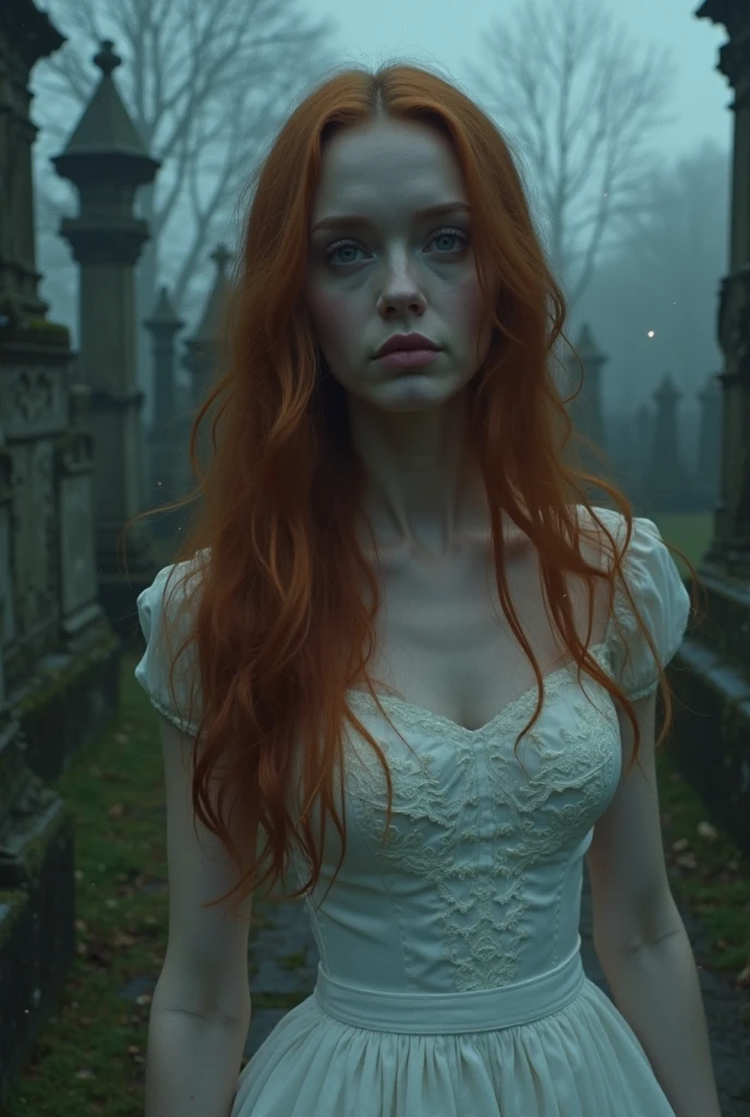 Cinematic footage from a Mario Bava horror film, Full medium close-up, An 18-year-old beauty who looks like Bella Thorne, long stream of red hair , Soft pale skin, Cute and youthful face, Distinct eyebrows, pale blue color eyes, Delicate nose, Plump and rounded lips, Strolling through a Gothic cemetery at night in a white wedding dress, Foggy and rainy weather, ghostly atmosphere, 17th century, (High skin detail: 1.2), Ultra Fine, フォトリアリスティック , Depth of field , lighting, IMAX cameras, HDR, Digital tunneling microscope, Full-HD, 8 thousand