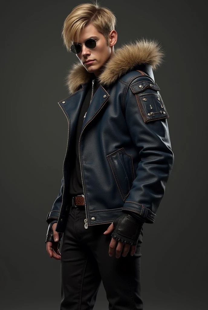 1 boy, re4leon's denim lens, fur-trimmed leather jacket, longer sleeves , Black Jeans, Volumetriclighting, sport, Best Quality, Masterpiece , Intricate Details, Tone-mapping, Sharp focus, Super Detail, trending on Artstation, watch the audience, realistic