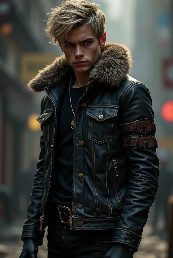 1 boy, re4leon's denim lens, fur-trimmed leather jacket, longer sleeves , Black Jeans, Volumetriclighting, sport, Best Quality, Masterpiece , Intricate Details, Tone-mapping, Sharp focus, Super Detail, trending on Artstation, watch the audience, realistic