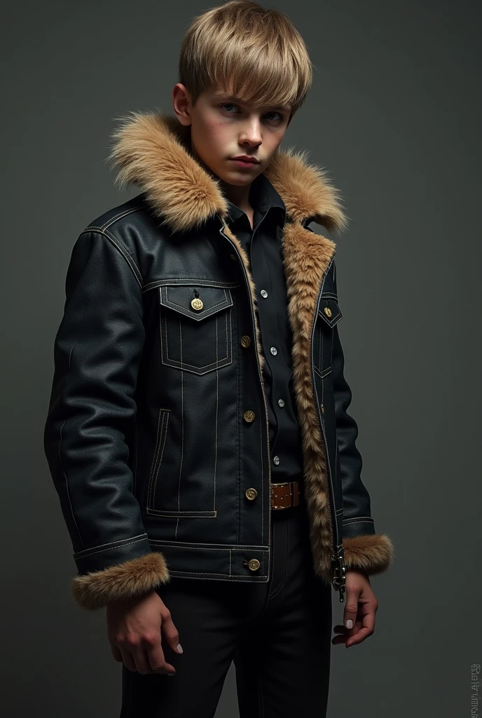 1 boy, re4leon's denim lens, fur-trimmed leather jacket, longer sleeves , Black Jeans, Volumetriclighting, sport, Best Quality, Masterpiece , Intricate Details, Tone-mapping, Sharp focus, Super Detail, trending on Artstation, watch the audience, realistic