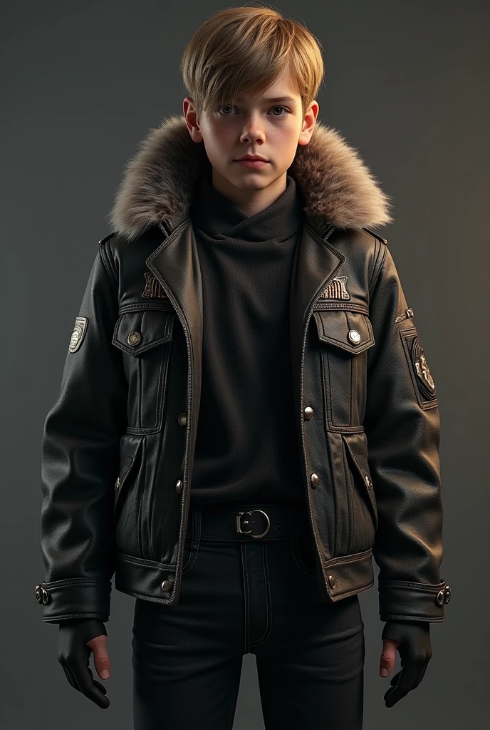 1 boy, re4leon's denim lens, fur-trimmed leather jacket,   longer sleeves , Black Jeans, Volumetriclighting, sport, Best Quality, Masterpiece , Intricate Details, Tone-mapping, Sharp focus, Super Detail, trending on Artstation, watch the audience, realistic 
