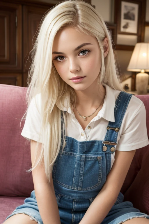 +Masterpiece, best quality, super detailed, a schoolgirl, beautiful face, rich details, (long white hair), perfect face, overalls, sitting, close-up, shabby sofa