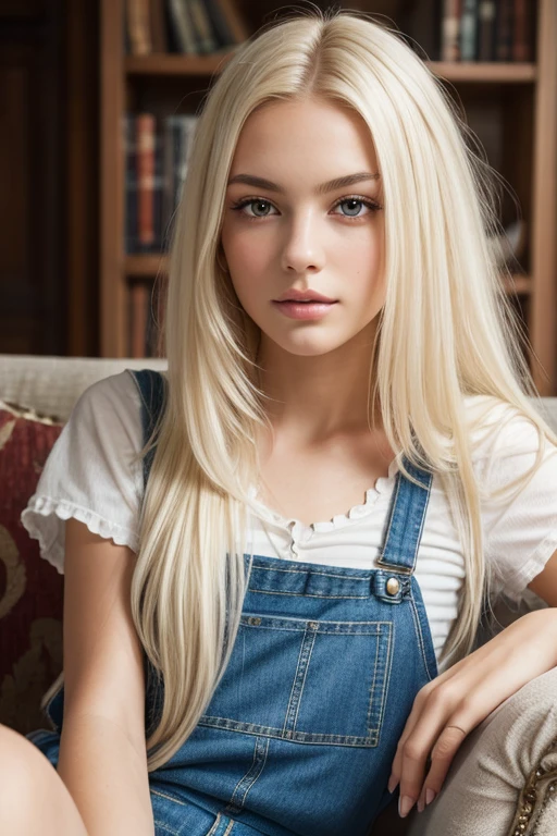 +Masterpiece, best quality, super detailed, a schoolgirl, beautiful face, rich details, (long white hair), perfect face, overalls, sitting, close-up, shabby sofa