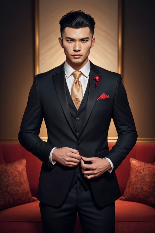 anime man in a suit and tie with a dragon in the background, dragon - inspired suit, by Yang J, human and dragon fusion, handsome japanese demon boy, handsome guy in demon slayer art, epic and classy portrait, trendin on artstation, by Oliver Sin, crimson attire, black and red suit, highly detailed exquisite fanart, handsome male vampire