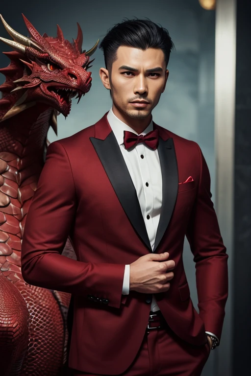 anime man in a suit and tie with a dragon in the background, dragon - inspired suit, by Yang J, human and dragon fusion, handsome japanese demon boy, handsome guy in demon slayer art, epic and classy portrait, trendin on artstation, by Oliver Sin, crimson attire, black and red suit, highly detailed exquisite fanart, handsome male vampire