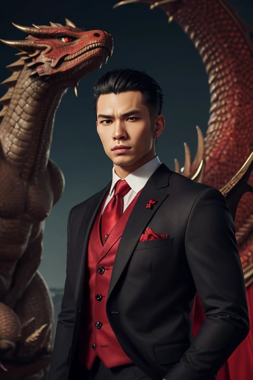 anime man in a suit and tie with a dragon in the background, dragon - inspired suit, by Yang J, human and dragon fusion, handsome japanese demon boy, handsome guy in demon slayer art, epic and classy portrait, trendin on artstation, by Oliver Sin, crimson attire, black and red suit, highly detailed exquisite fanart, handsome male vampire
