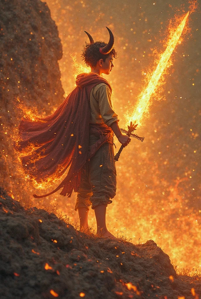 (1 boy,alone),full bodyesbian, slope_ Background with , ((on fire,breathingfire, blasts, fiery tail )), worn-out clothing,capes,horn,ngel_The sword,