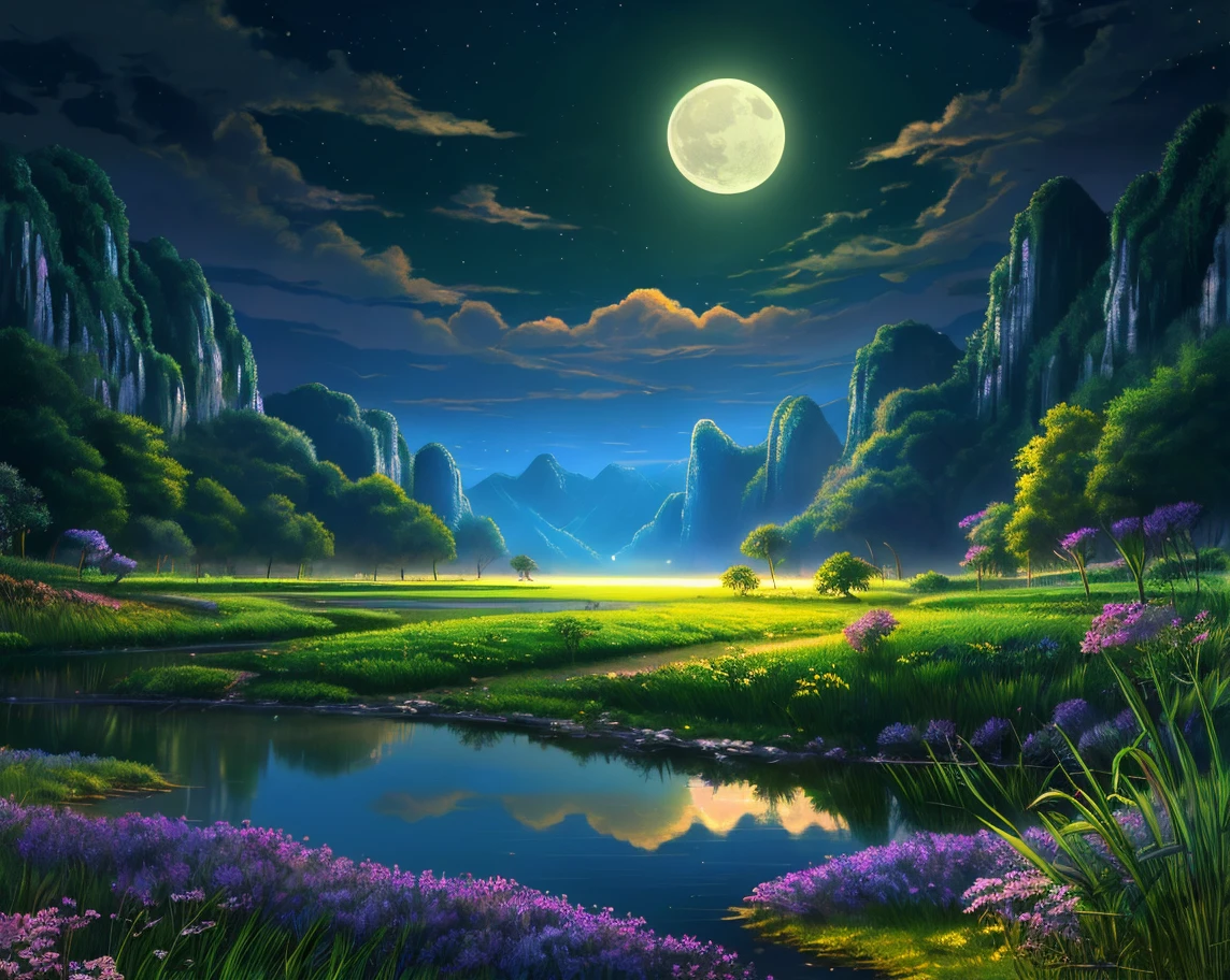nighttime scene与一些房子亚洲, vietnam, vietnam, Ha Giang, themoon, lake in foreground, calm evening, green and blue, Very Detailed {x} digital illustrations, 4k Highly Detailed Digital Art, nighttime scene, Anime art wallpaper 4k, Anime art wallpaper 4 K , 4k detailed digital art , nighttime nature landscape, anime art wallpaper 8 k, Background artwork, Beautiful art UHD 4K, 4k HD illustration wallpaper