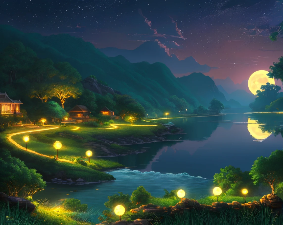nighttime scene与一些房子亚洲, vietnam, vietnam, Ha Giang, themoon, lake in foreground, calm evening, green and blue, Very Detailed {x} digital illustrations, 4k Highly Detailed Digital Art, nighttime scene, Anime art wallpaper 4k, Anime art wallpaper 4 K , 4k detailed digital art , nighttime nature landscape, anime art wallpaper 8 k, Background artwork, Beautiful art UHD 4K, 4k HD illustration wallpaper