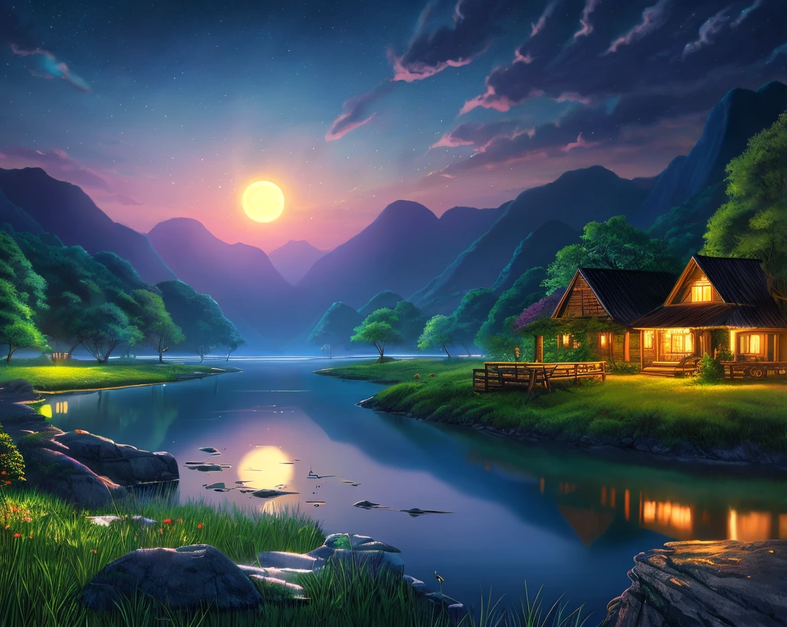 nighttime scene与一些房子亚洲, vietnam, vietnam, Ha Giang, themoon, lake in foreground, calm evening, green and blue, Very Detailed {x} digital illustrations, 4k Highly Detailed Digital Art, nighttime scene, Anime art wallpaper 4k, Anime art wallpaper 4 K , 4k detailed digital art , nighttime nature landscape, anime art wallpaper 8 k, Background artwork, Beautiful art UHD 4K, 4k HD illustration wallpaper