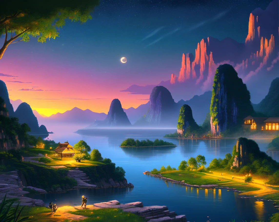 nighttime scene与一些房子亚洲, vietnam, vietnam, Ha Giang, themoon, lake in foreground, calm evening, green and blue, Very Detailed {x} digital illustrations, 4k Highly Detailed Digital Art, nighttime scene, Anime art wallpaper 4k, Anime art wallpaper 4 K , 4k detailed digital art , nighttime nature landscape, anime art wallpaper 8 k, Background artwork, Beautiful art UHD 4K, 4k HD illustration wallpaper
