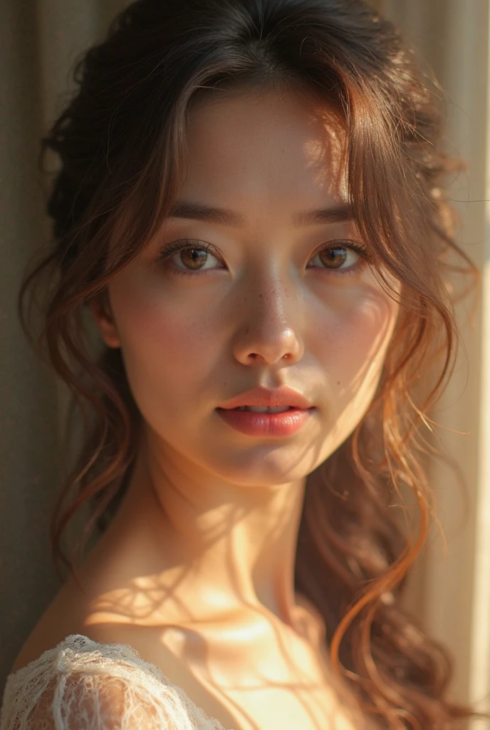 High-definition realistic beauty, Big eyes, Bright, fair skin, Delicate and full lips, Feminine and elegant posture, Stunning professional photography, Soft, warm lighting shines, Create a dreamy and charming atmosphere, Delicate texture, Warm and romantic interior scenes {x} Realistic texture like an ultra-high resolution photo, Stunning professional-grade photography