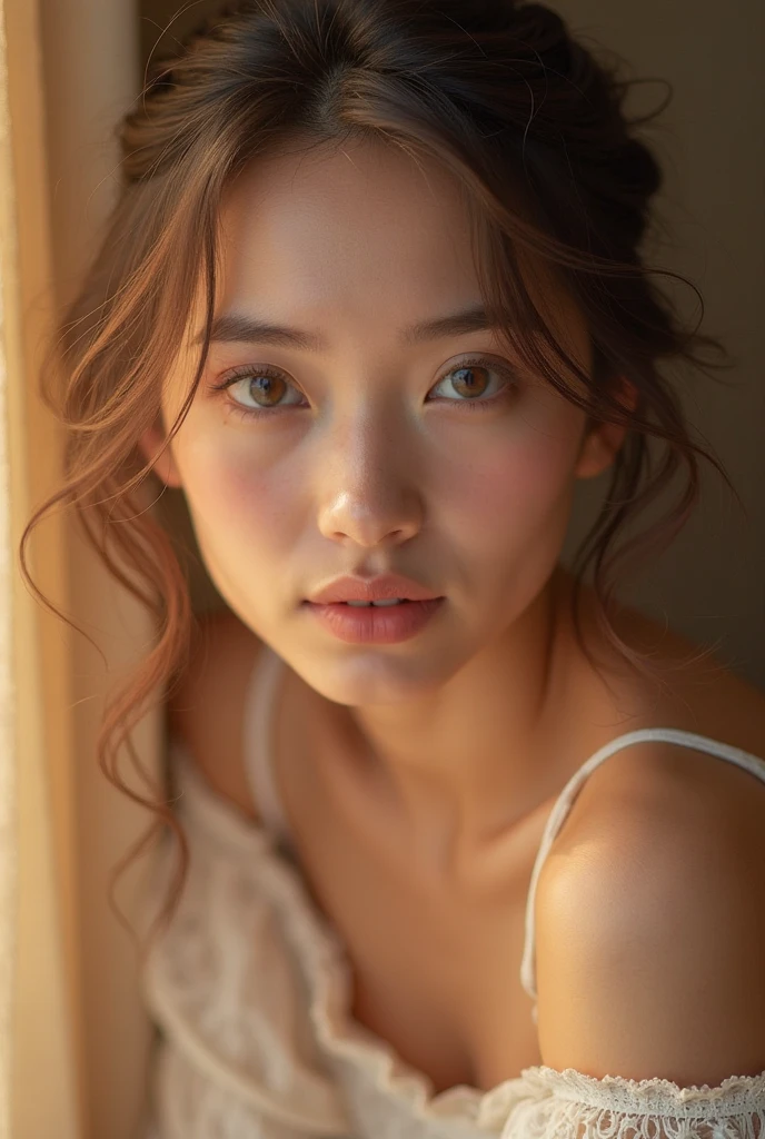 High-definition realistic beauty, Big eyes, Bright, fair skin, Delicate and full lips, Feminine and elegant posture, Stunning professional photography, Soft, warm lighting shines, Create a dreamy and charming atmosphere, Delicate texture, Warm and romantic interior scenes {x} Realistic texture like an ultra-high resolution photo, Stunning professional-grade photography