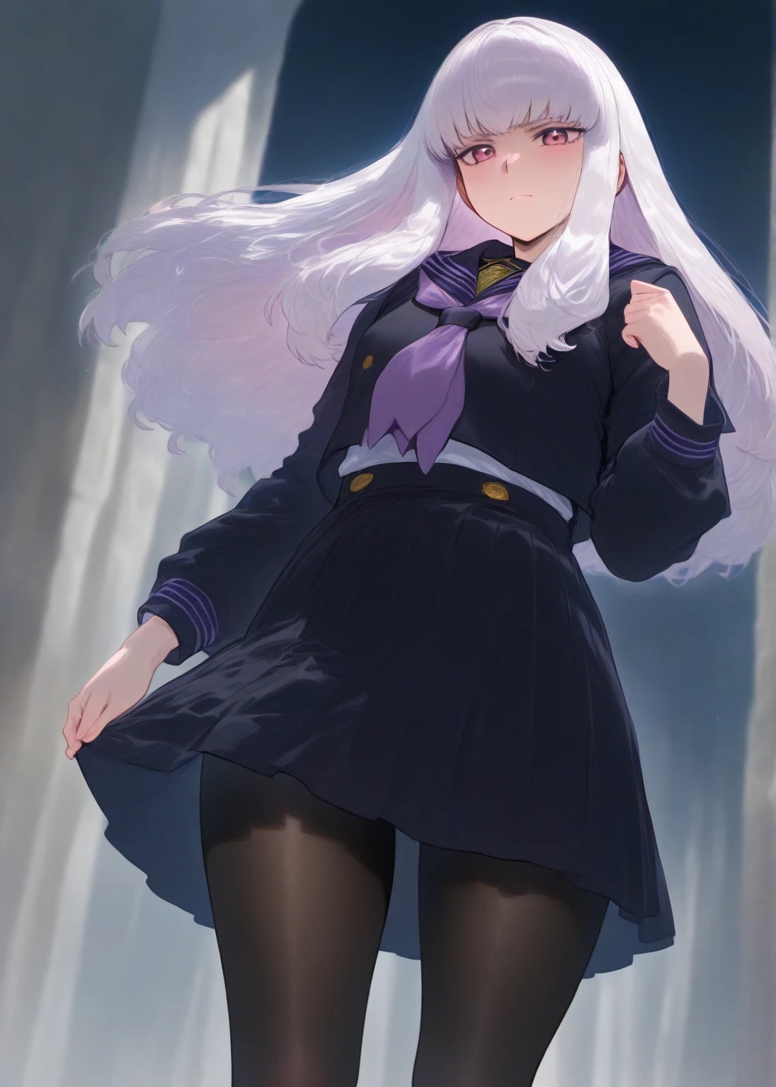 Masterpiece , Best Quality, mikayori, 1girl, alone, Lysithea, (fireemblem), whaite hair, By bangs, black school uniform, y sleeve, pantyhose, dress, 