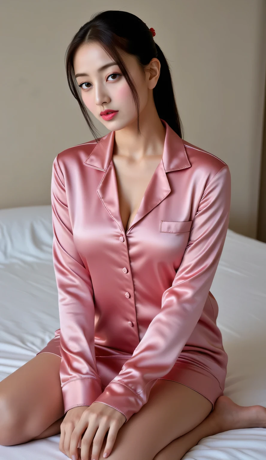 (Best quality, 8k, 32k, Masterpiece, UHD:1.2),Photo of Pretty50 year old blonde woman, 1girl, (medium-short dark brown hair), double eyelid, silk pink pajamas, shorts, standing in living room, stretching body, morning sun, sleepy face
