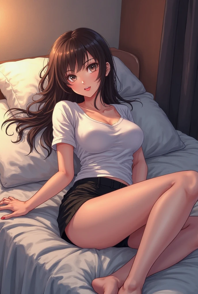 A realistic 40 kg y.o girl laying on bed wearing short skirt and short-sleeved top
