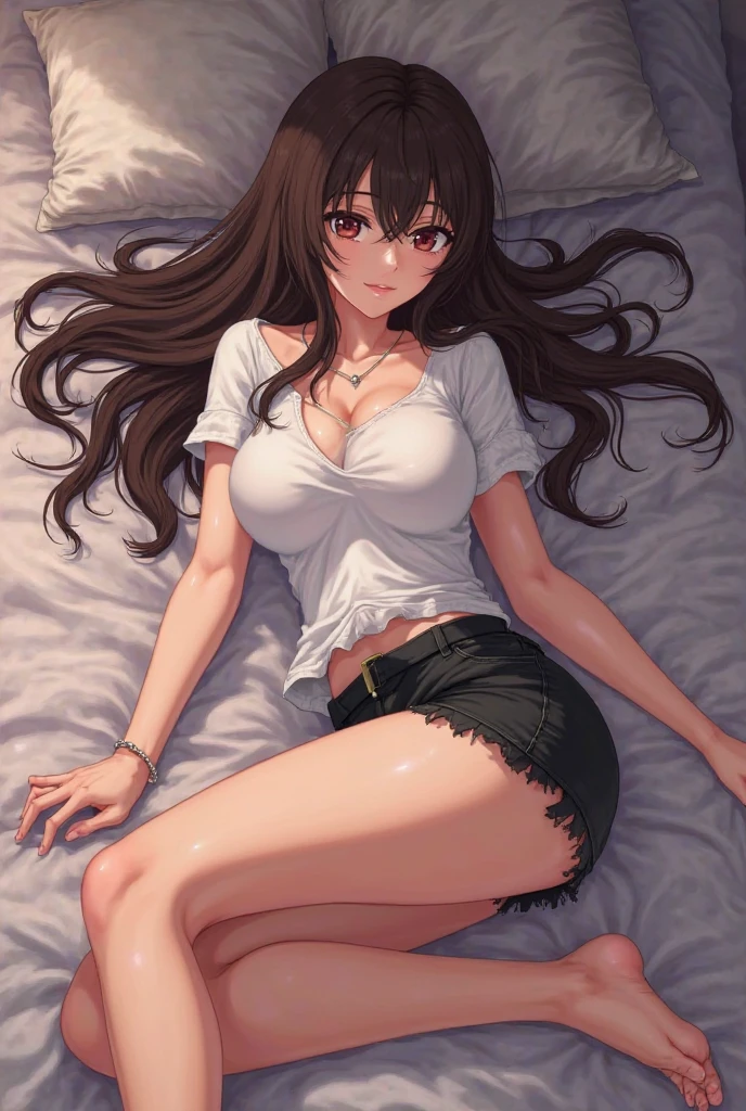 anime、beautiful girl、brown hair、black eyes shine、pajamas、sleepy、beautiful breasts、thin legs