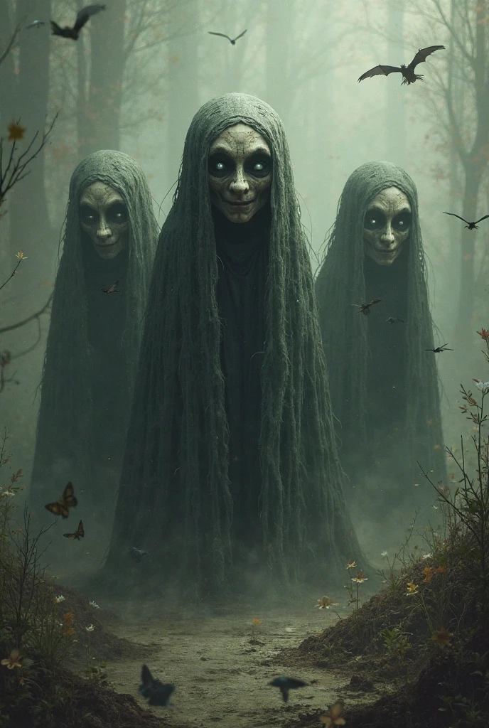 horror shot of terrifying 1woman (pale skin, long black hair, empty eyes) entity with large teeth looking at the viewer,, in a forest with fog raising from the ground, creepy, unnerving, unsettling, terrifying, 80mm, horror lighting, dynamic action, 8k, blood stains at her face, green footage filter, hd, impressionism, scary, night, dark, white scary eyes at background